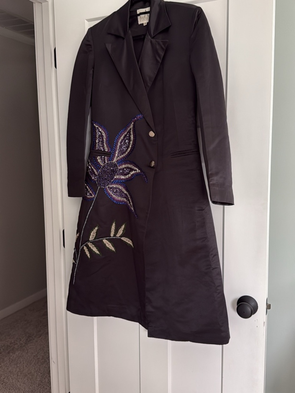 NWT La Fuori Small Embellished Black Long Coat with Floral Beadwork